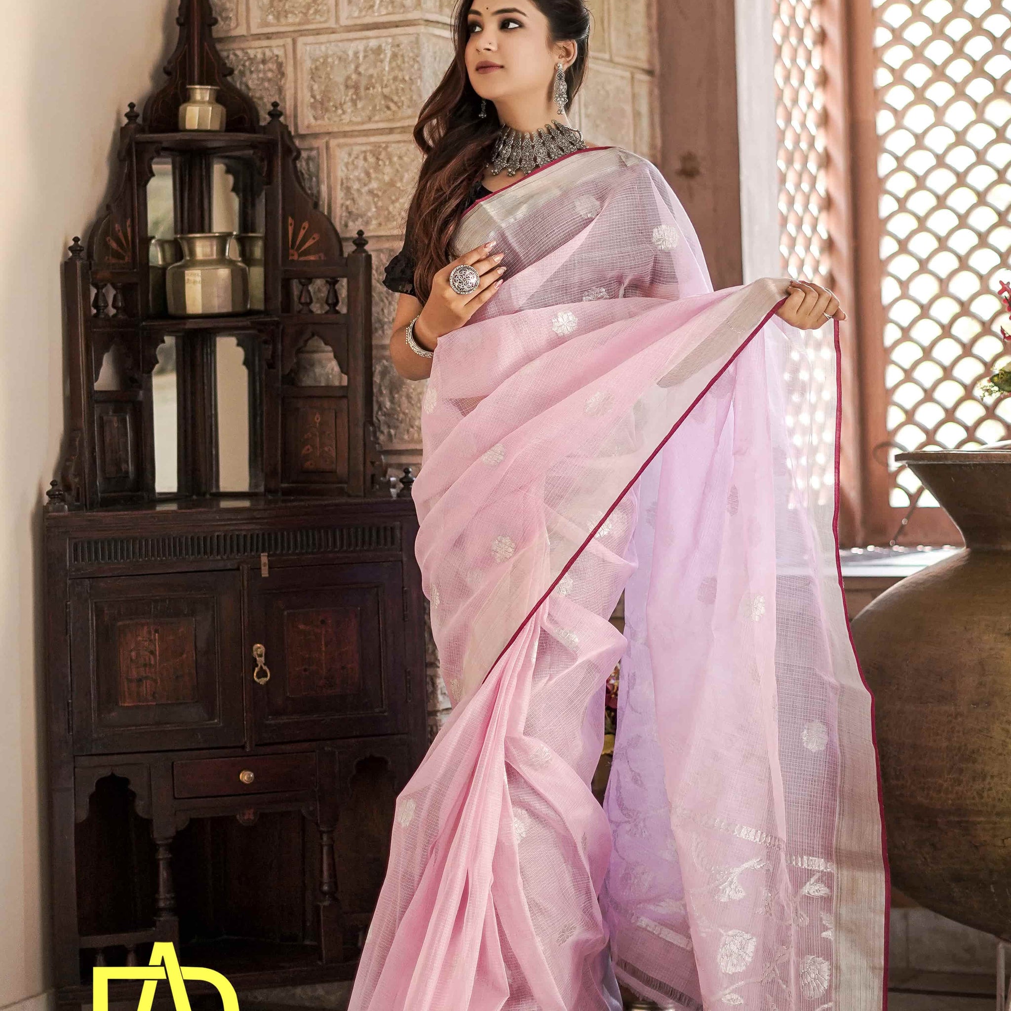 Light Pink Ginni Kota Doria Zari Saree