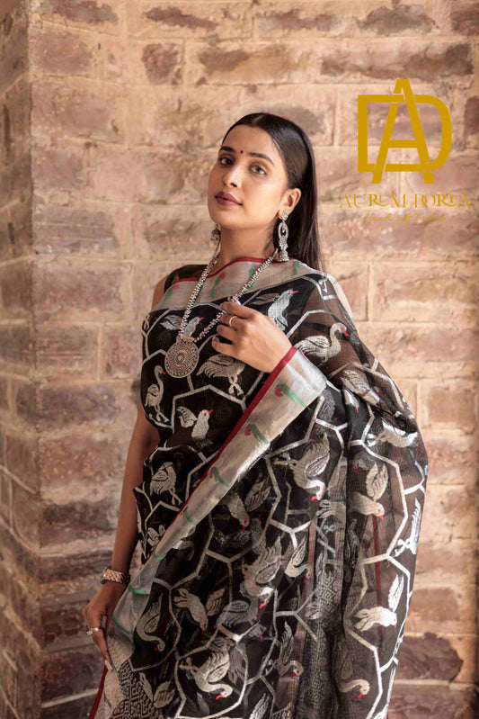 Black Colour Kota Doria Zari saree