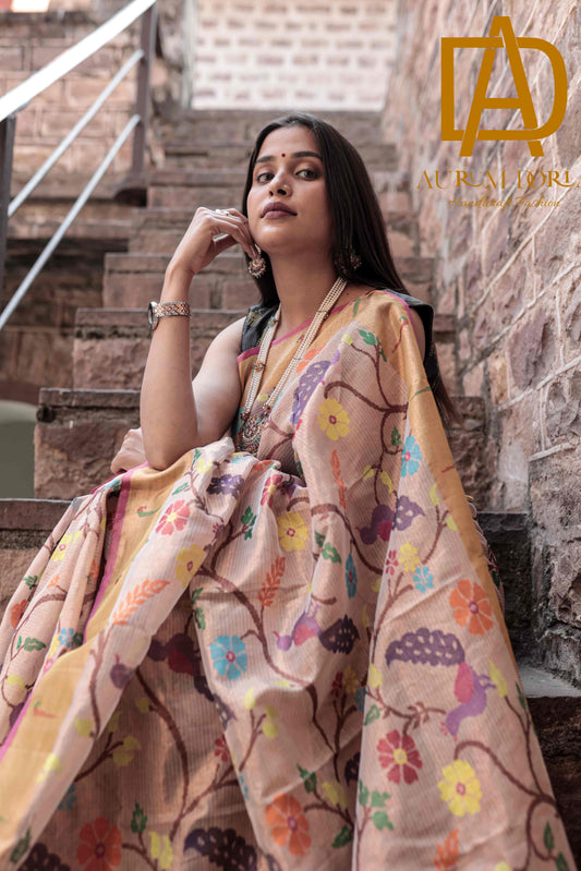 Double Tissue Kota Doria Color Floral and Peacock Saree