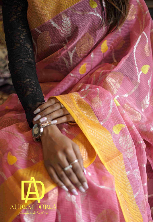 Gold Pink Jaal Pattern of Zari Flower Saree