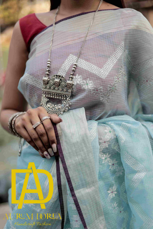 Ice Blue Silver Zari Pattern Saree