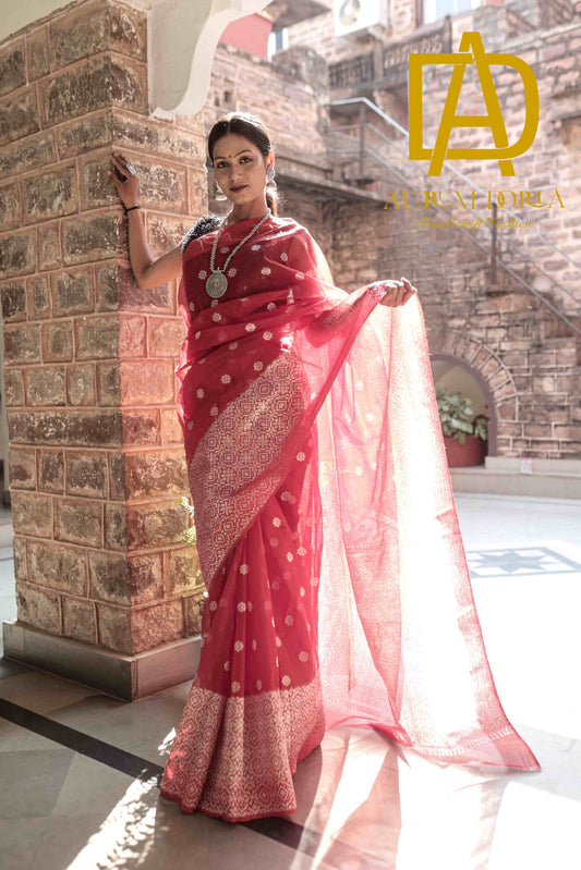 Red Kota Doria Saree Real Silver Zari Ginnies