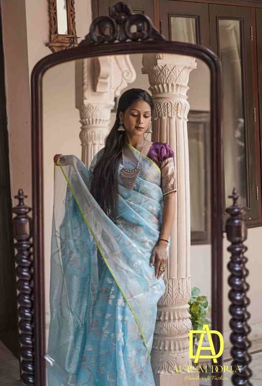 Sky Blue Kota Doria Cotton Saree